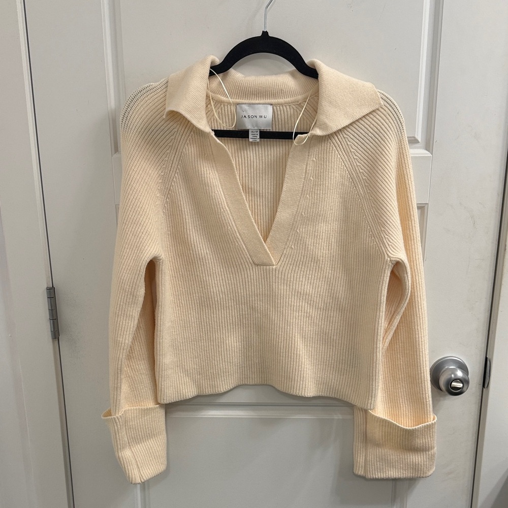 JASON WU Camel Cuff Sleeve Collared Sweater Xsmall Cream